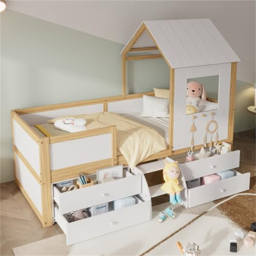 Hausbett Mit Dach Und Fenstern, Kinderbett Mit Vierseitigem Zaun Und 4 Schubladen Und Kleiner Treppe, Aus MDF Und Sperrholz, 90 X 200 cm, Geeignet Für Kinderzimmer