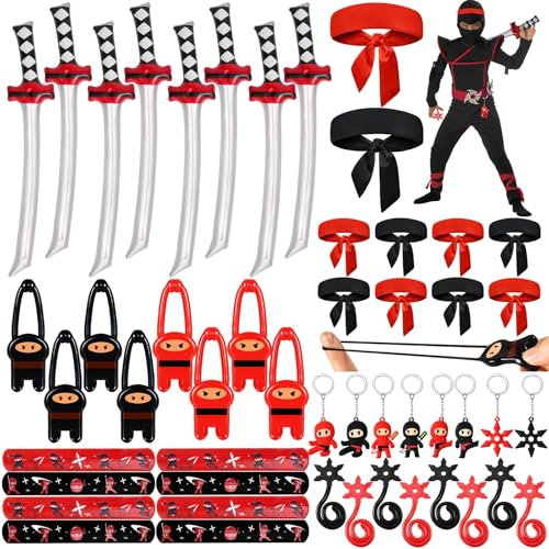 G.C 72Pcs Ninja Anniversaire Enfant Ninja Dress Foulard Porte Clés Bracelet Jeux Fronde Elasticité Viscosité Gonflables Accessoires Jouet Ninja Fête Pinata Anniversaire Remplissage pour Garcon Fillers
