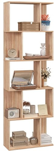 HOMCOM Bücherregal mit 5 Teilungsböden, S-förmiges platzsparendes Bücherregal aus Holz, Teilungsregal für Wohnzimmer, Schlafzimmer und Büro, 60x24x184,5 cm, Holzfarbe