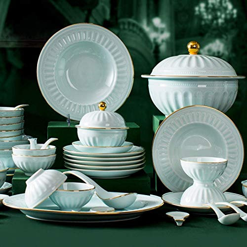 LYLXSF Fine Dinner Set,Dinner Plate Ceramics Dinner Set, 56 Pieces Gift Box Relief Celadon Dinnerware Sets Bone China Soup Pot and Cereals Bowls