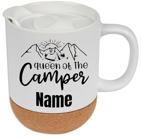 GRAZDesign Tasse Camping Queen mit Namen personalisiert mit Korkboden und Deckel - Geschenk Camper, 330ml
