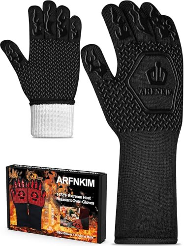 ARFNKIM Grillhandschuhe Hitzebeständig bis 800°C, Rutschfest Ofenhandschuhe Feuerfestehandschuhe Kochhandschuhe Backhandschuhe BBQ Handschuhe Topfhandschuhe (Schwarz)