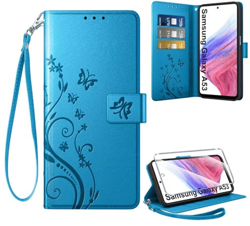 Coiwxmoi Coque pour Samsung Galaxy A53 5G + 1 Verre Trempé, Retro Design Housse Premium en Cuir PU Pochette de Portefeuille pour Porte Cartes Fonction Stand Flip Etui pour Samsung A53, Bleu