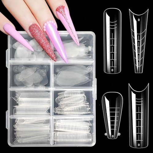JSRQT Dual Forms Clear Acrylic Gel Nail Extension System Full Cover Mold Shapes Tips Reusable Silicone Mould Builder Stencils Sticker for Beginner Art Salon Design Manicure Tools Accessories 144 PCS