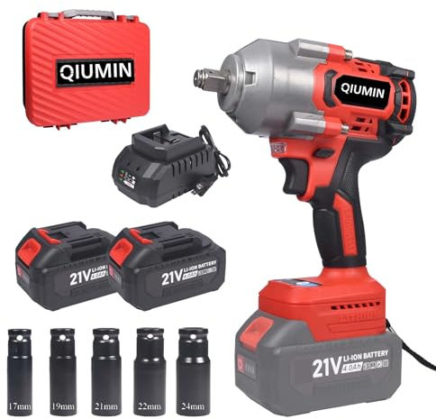 QIUMIN 1/2 Brushless Avvitatore a Impulsi 1000Nm, 21V, 2×4.0Ah e Caricabatterie Rapido, 5 Bussole (17/19/21/22/24mm), 3 Velocità, per Auto, Officina e Fai da Te
