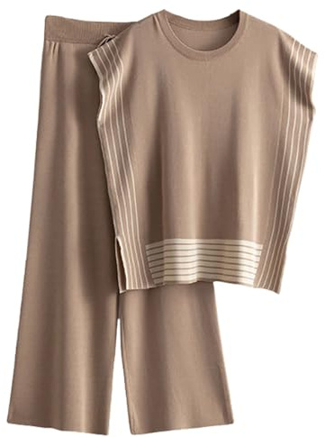Veriliss 2 Teilig Outfits Für Damen Sommer Pullover Sets Strickpullover Tops Elastische Taille Hosen Lounge Sets Trainingsanzug(Stripe-Kaffee,L)