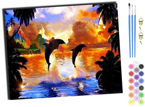 WANGXIAO Paint by Numbers Kits for Adults,DIY Color Oil Painting Acrylic Paints for Home Wall Decor 16x20inch，Jigsaw Puzzle Children Dolphin Bay,with Frame