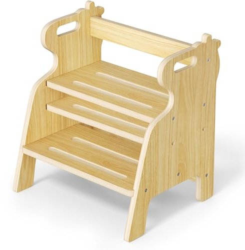 Taburete Escalera para niños, Taburete Ajustable de Dos peldaños para niños pequeños, Escalera de Madera con Almohadillas Antideslizantes, fácil de Mover, para el Lavabo, la Cocina y el Dormitorio