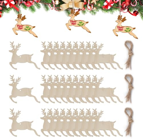 30 Stück natürliche Holzscheiben Elch blanko hängendes Holz Weihnachtsbaum hängende Ornamente für DIY Handwerk Weihnachtsbaumschmuck