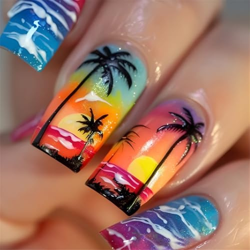 Sunset Beach Palm Tree False Nails Fashionable Artificial Acrylic Stick On Easy Wear Suitable For Everyday Nail Art
