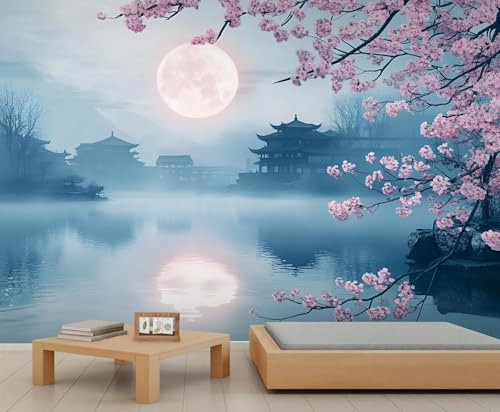 Fototapete Selbstklebend Kirschblüten 3D Effekt Foto Tapete Japanische Landschaft 300x210 cm Seidenstoff Wandtapete Wohnzimmer Schlafzimmer Bildtapete für Wand Deko A-8099
