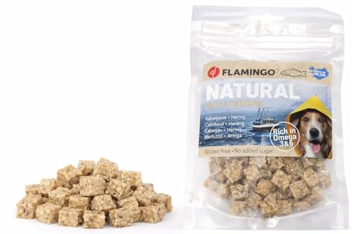 Leckerli Hund – Kabeljau & Hering Stückchen – 75g – Mit Omega 3 & 6 für Haut & Herz – Flamingo
