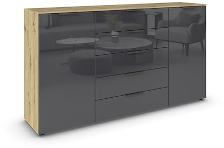 Rauch Möbel Flipp, Kommode, Farbe Glas Basalt/Eiche Artisan, Breite 180 cm | Sideboard, 2-türig, 5 Schubladen, Glasfront, Soft-Close-Funktion, für Schlafzimmer, Gästezimmer, Wohnzimmer, Garderobe, Flur