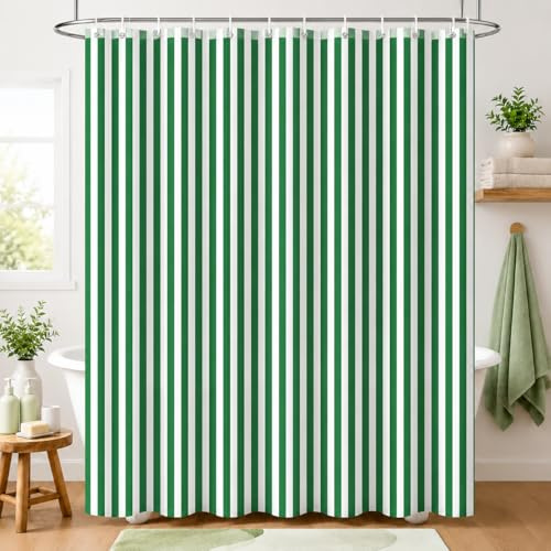 Hopomoon Duschvorhang 180x200 cm Grün Weiß Gestreift, Anti-Schimmel Wasserdicht Polyester Textil Badvorhang für Badewanne & Dusche, Stoff Vorhang Blickdicht Waschbar, 12 Ringe