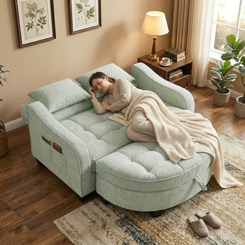 AliSefaiy Schlafsofa Klein,Sofa Mit Schlaffunktion132×129×93cm (Cyan) | 2-In-1 Couch Klein With Aufbewahrungs-Hocker&4 Kisse&Seitenfach-Aufbewahrung Für Kleine Wohnzimmer/Studienzimmer/Schlafzimmer
