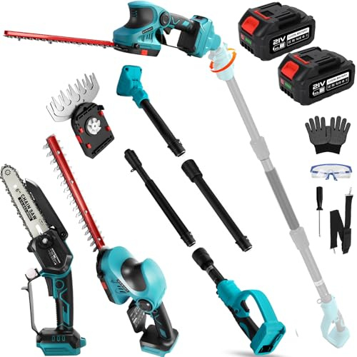 Tagliasiepi/motosega 6 in 1 con asta di prolunga da 2 m, 2 batterie da 4000 mAh