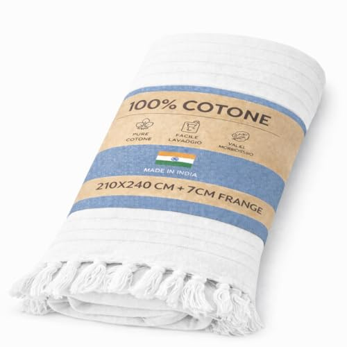 Telo Copritutto 100% Cotone Made in India 210x240 cm + Frange 7 cm – Copridivano Universale, Copriletto Matrimoniale, Coprimuro Boho, Telo Parete, Coperta Estiva Leggera, Telo Arredo Multiuso (BIANCO)
