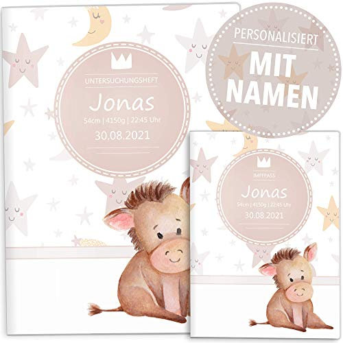 OLGS U-Heft und Impfpasshülle Set | Sleepy Mond und Sterne | Hüllen für Untersuchungsheft & Impfpass | personalisierte Geschenke Baby | Babygeschenk (Uheft, Impfpass Hüllen personalisiert, Esel)