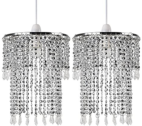 MiniSun | Modern Sparkling Chrome Jewel Effect Ceiling Pendant Light Shades | Pendant Lights, Home Décor & Improvement Essential | Set of 2 | Includes 10w LED GLS Bulbs | 22cm Shade Width
