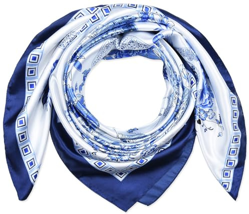 corciova 35 Women Silk Feeling 90 cm Square Hair Sleeping Scarf Smalt Maya Blue Qinghua Porcelain