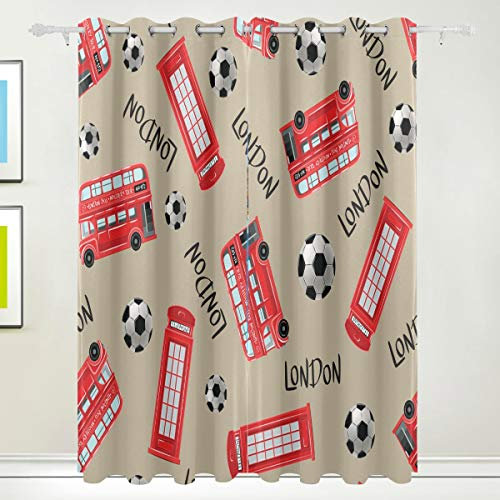 Montoj London Bus Fußballmuster Fenster Vorhänge Raum Verdunkelung Thermoisoliert Ösen Verdunkelungsvorhänge für Schlafzimmer (2 Paneele, B 107 x L 160 cm) 84x55inx2pcs 1