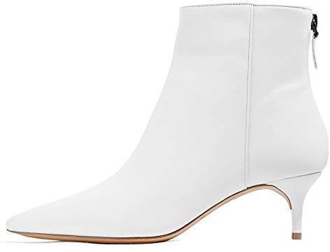 Stivaletti da donna alla moda eleganti a punta con tacco basso kitten, stivali alla caviglia con cerniera autunno inverno stiletto, bianco, 40 EU