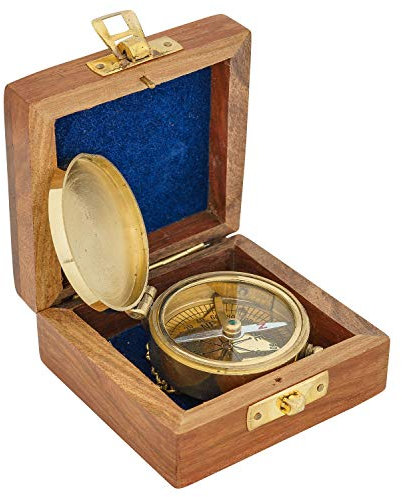 aubaho Kompass mit Holzbox Maritim Schiff Navigation Dekoration Messing 5cm Antik-Stil