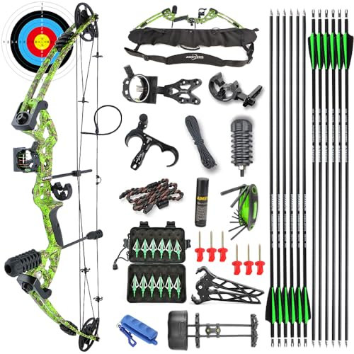 AMEYXGS Bogenschießen Compound Bogen 30-55lbs Einstellbar Sportbogen Jagdbogen mit Carbon Pfeile 310FPS Erwachsener Bogen Outdoor Schießen Ziel üben rechte Hand (Grün + Zubehör)