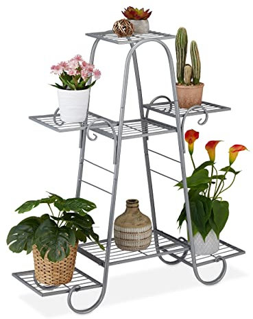 Relaxdays Blumentreppe Metall, Vintage, HxBxT: 83 x 75 x 24 cm, Pflanzenregal innen, Blumentreppe mit 7 Ablagen, Silber