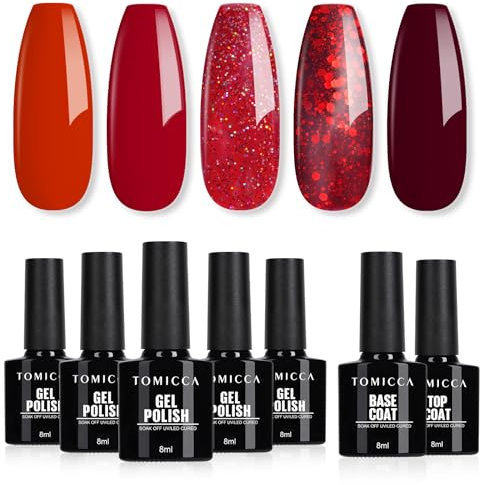 TOMICCA Gel Nail Polish Set, 7Pcs Shine Red Gel Nail Polish with Base & No Wipe Top Coat, Glitter Red Burgundy Soak Off UV/LED, Summer Nail Varnish Manicure Set Home Salon, 8ml
