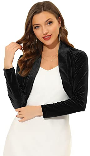Allegra K Women's Long Sleeve Cardigan Velvet Open Front Cropped Bolero Shrug Black 12