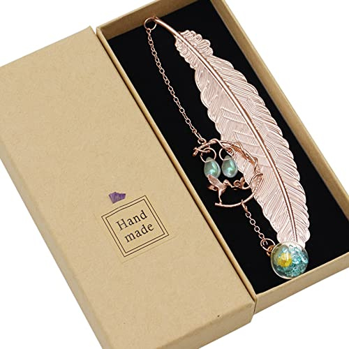 Metall-Feder-Lesezeichen mit 3D-Kolibri- und Glasperlen-Anhänger, handgefertigtes Vintage-Lesezeichen mit Geschenkbox, Lesezeichen Geschenke für Frauen, Kinder, Leser, Lehrer, Blau