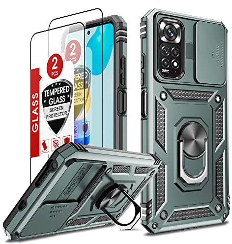 LeYi Hülle für Xiaomi Redmi Note 11/Note 11S 6.43 Kamerafolie Handyhülle & Glasfolie Handyfolie 2 Stück,Drehhalter Standfuß Schutzhülle Schiebekamera Outdoor Case Dicke Ecken Handy Hüllen Cover Grün