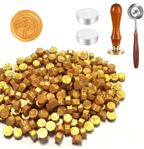 Set di 200 Sigillo Timbri in Cera con 1 Timbro a Forma di Albero della Vita, 1 Cucchiaio, 2 Candeline, per Sigillatura Vintage e Lettere, Inviti, Confezione Regalo (J)