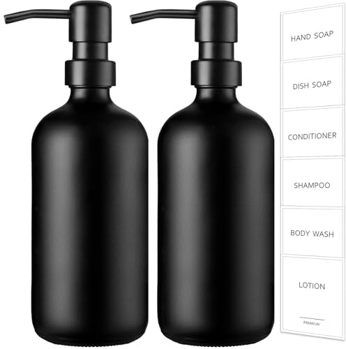 GMISUN Black Soap Dispenser, 2 Pack Matte Glass Hand and Dish Soap Dispenser Set with Rustproof Matte Black Stainless Steel Pump, 16 Oz Refillable Liquid Lotion Pump Bottle for Bathroom and Kitchen