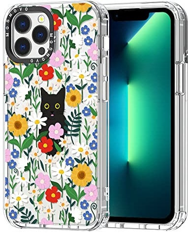 MOSNOVO Case for iPhone 13 Pro Max, [Buffertech 6.6ft Military-Grade Drop Protection] [Anti Peel Off Tech] Clear TPU Bumper Phone Case Cover Design - Black Cat in Garden