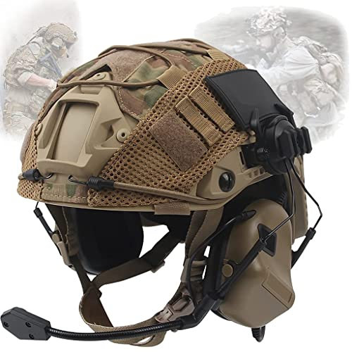 Taktische Airsoft Helm, Fast Helmet Set, Mit Militär Headset Und Multicam-Helmbezug Bump Protective Gear für Outdoor CS Cosplay Jagen CBQ BBS Spiel A