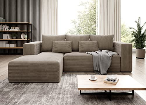 Moderno Ecksofa mit Schlaffunktion und Bettkasten Stripes - Sofa mit 3 Sitzer und Robuste überzug - Schlafcouch L-Form - Modern Couch Cord - 255x73x161 cm - Links Beige