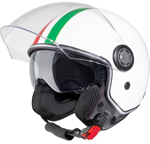 VINZ Varese Jethelm mit Doppelvisier | Roller Helm Fashionhelm mit Italienische Flagge | In Gr. XS-XXL | Jet Helm mit Sonnenblende | ECE 22.06 Zertifiziert | Motorradhelm mit Visier - Weiß