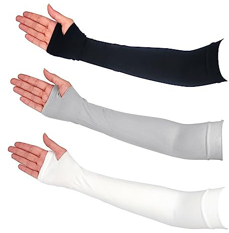 Qiuyan 3 Pairs Comfy Arm Sleeves with Thumb Hole Protection Cooling Arm Sleeves 3 Colors Compression Long Women Men Summer Sun Arm Cover Sleeves Tattoo Cover for Sports Workouts Cycling Driving