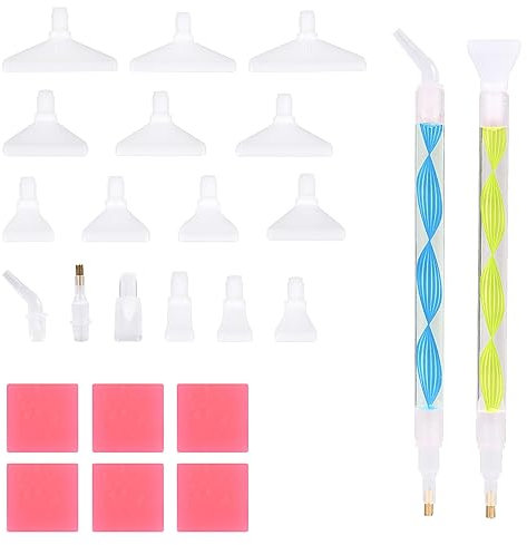 KINBOM 25 Stück 5D-Diamant-Kunststift, Diamond Painting Zubehör Stift, Ergonomisch Punktbohrstift für Runde und Quadratische Edelsteine Blau + Gelb (2 Stifte + 17 Stiftspitzen + 6 Ton)
