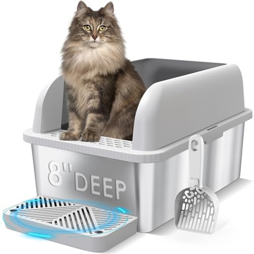 Suzzipaws 8 Deep Stainless Steel Cat Litter Tray with Lid Extra Large Litter Box for Big Cats XL Metal Litter Box Pan with High Wall Sides Enclosure, Non-Sticky, Anti-Leakage, Easy Cleaning