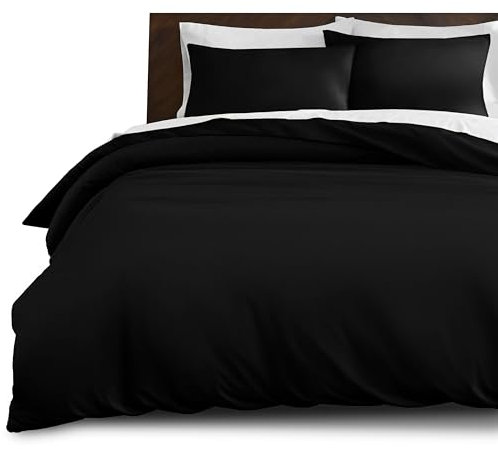 Hafaa Dyed Duvet Cover Brushed Microfiber Quilt Cover with Button Closure Luxury Bedding Black Duvet Cover with 2 Pillowcases Double Duvet Set (200cm x 200cm)