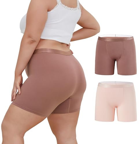 INNERSY Shorty Femme Grande Taille Haute Boxer sous Robe Cycliste Legging Court Microfibre Lot de 2 (52-54, Brun/Rose Clair)