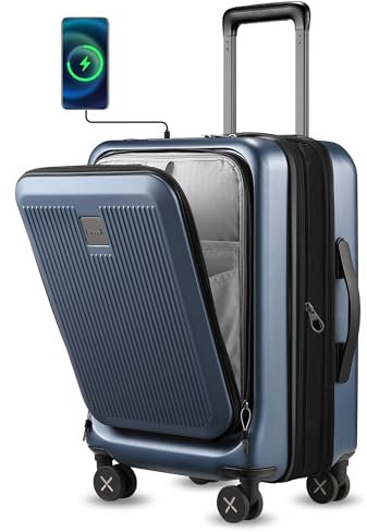 LUGGEX Valise Bagage à Main Avec Compartiment Pour Ordinateur Portable - Valise Rigide Extensible Avec Port USB, 4 roulettes, TSA, 56 cm, Bleu