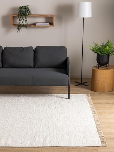 Interiyou Toledo Teppich aus Baumwolle - 80x150 cm Weiß - Handgewebter Teppich mit Fransen für Wohnzimmer, Schlafzimmer, Kinderzimmer, Esszimmer, Küche oder Flur