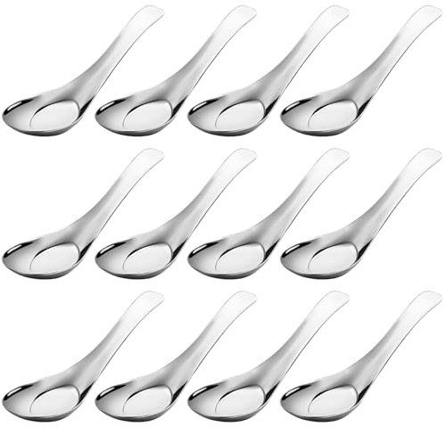 Suwimut Set of 12 Soup Spoons, 5.5 Inch 18/8 Stainless Steel Dinner Spoons Chinese Soup Spoons, Mirror Polished Asian Soup Spoons Silverware for Bouillon, Dessert, Cereal, Wonton, Ramen, Dumpling