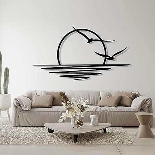 MOLERRI Wandkunst Aus Metall mit Sonnenaufgang, Wanddekoration mit Sonne und MöWen, Wanddekoration Aus Metall, Abstrakte Heimdekoration bei Sonnenuntergang, Minimalistische Linienkunst