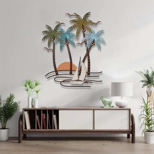 JILIP Tropical Wall Art, Metal Palm Tree Wall Decor Nature Metal Art, 3D Palm Tree Sign, for Indoor Outdoor Garden Home Bedroom Living Room Hanging Decorations(Size:19.7IN/50cm)