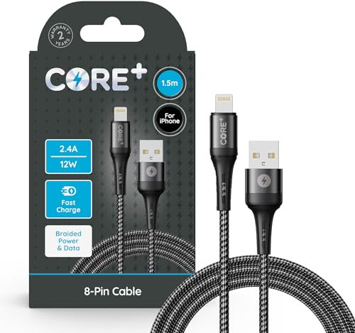 CORE + | 1.5M 8-Pin to USB A iPhone Charger Cable 3A 15W | Fast Charging | Compatible with iPhone, iPad, Airpods + Pro Max | iPhone 15, 14, 13, 12, 11, 10 & All Models 5+ (1 x 1.5M 12W Fast Charge)